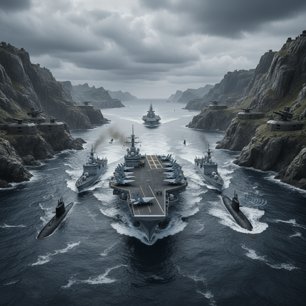 Aircraft carrier and naval fleet sailing through a narrow mountain fjord with coastal fortifications.