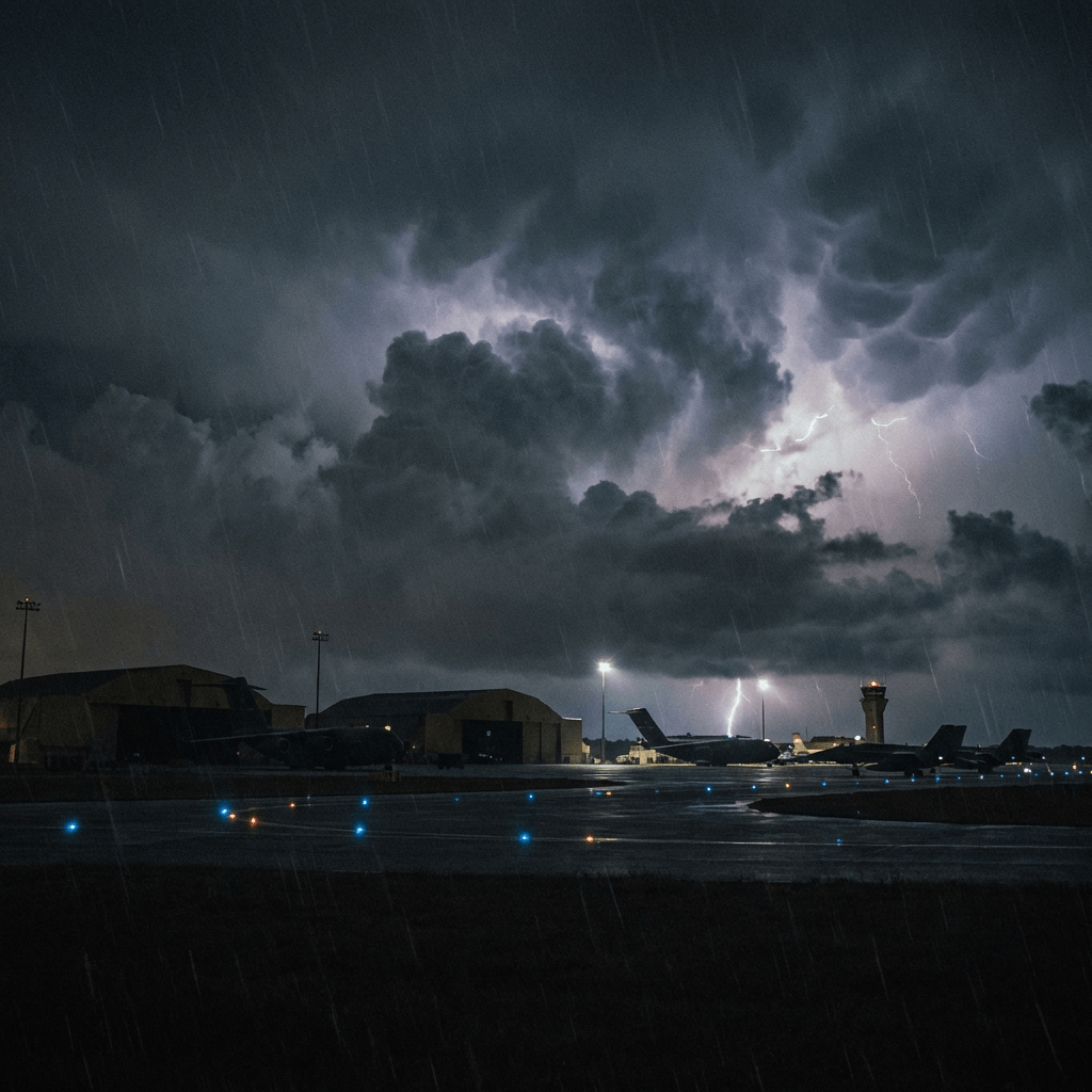 Lightning strikes over military transport planes parked on a rainy airfield at night.