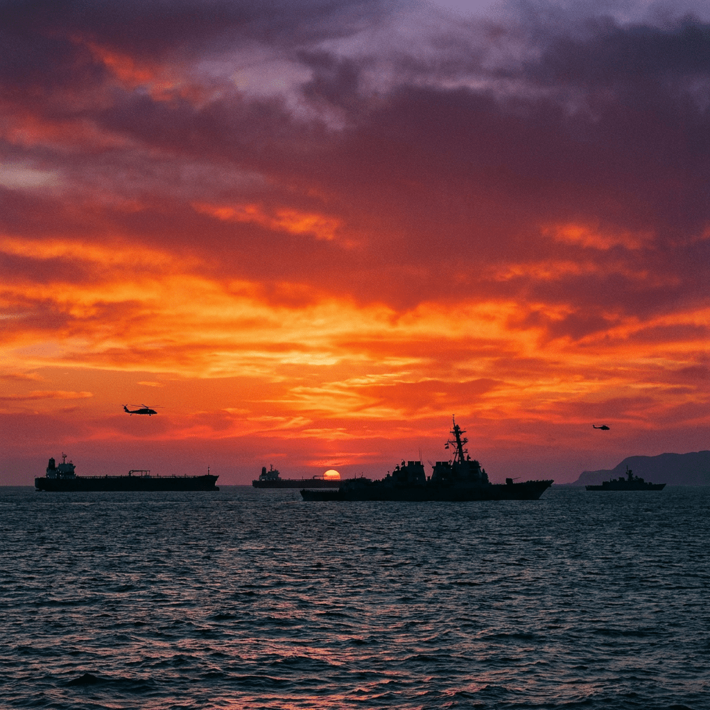 Silhouette of naval ships and helicopters on the ocean during a dramatic sunset.