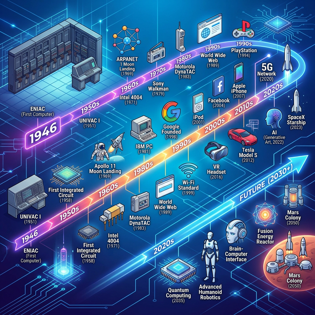 Timeline of technological milestones from ENIAC in 1946 to future Mars colonization and quantum computing