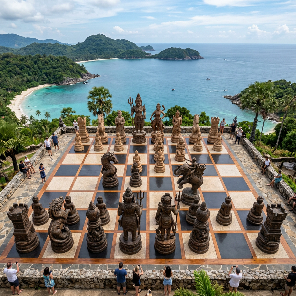 Large outdoor chessboard with oversized carved chess pieces and a scenic tropical ocean bay in the background