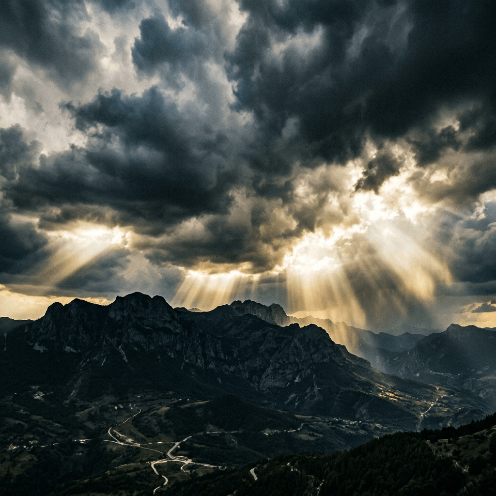 Sunlight rays shining through thick clouds over mountain range