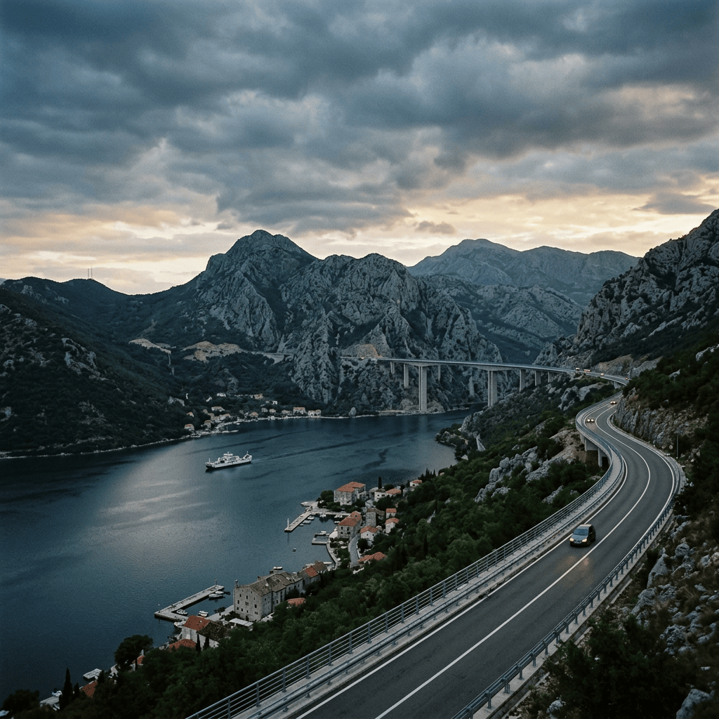 Winding highway above a fjord with villages and rugged mountains