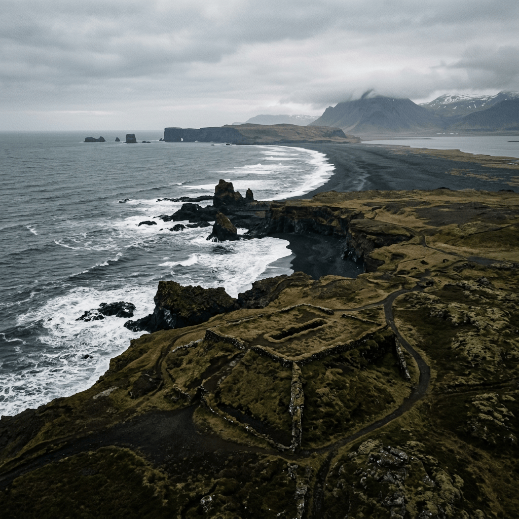 Black-sand Icelandic coastline with waves, cliffs, and snow-capped mountains