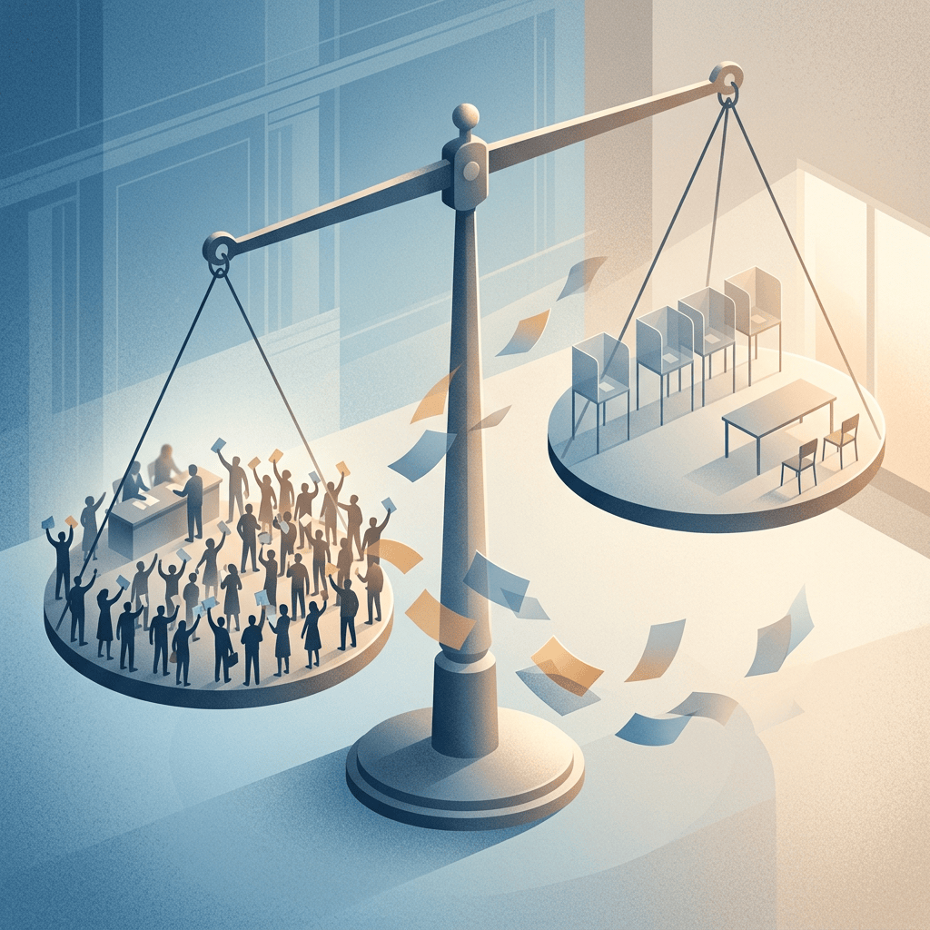 Balance scale weighing a protesting crowd against an institutional meeting space