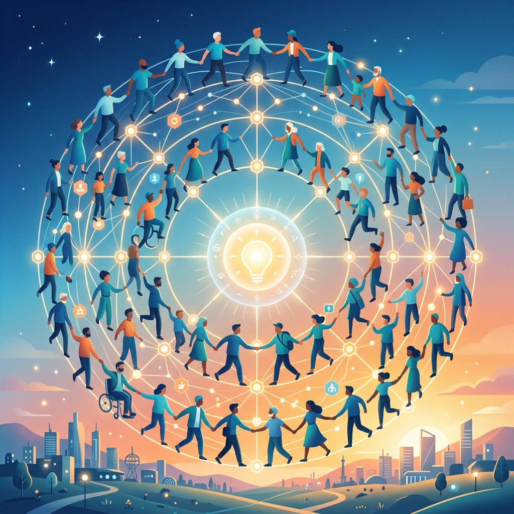 Diverse people forming a connected network around a glowing lightbulb