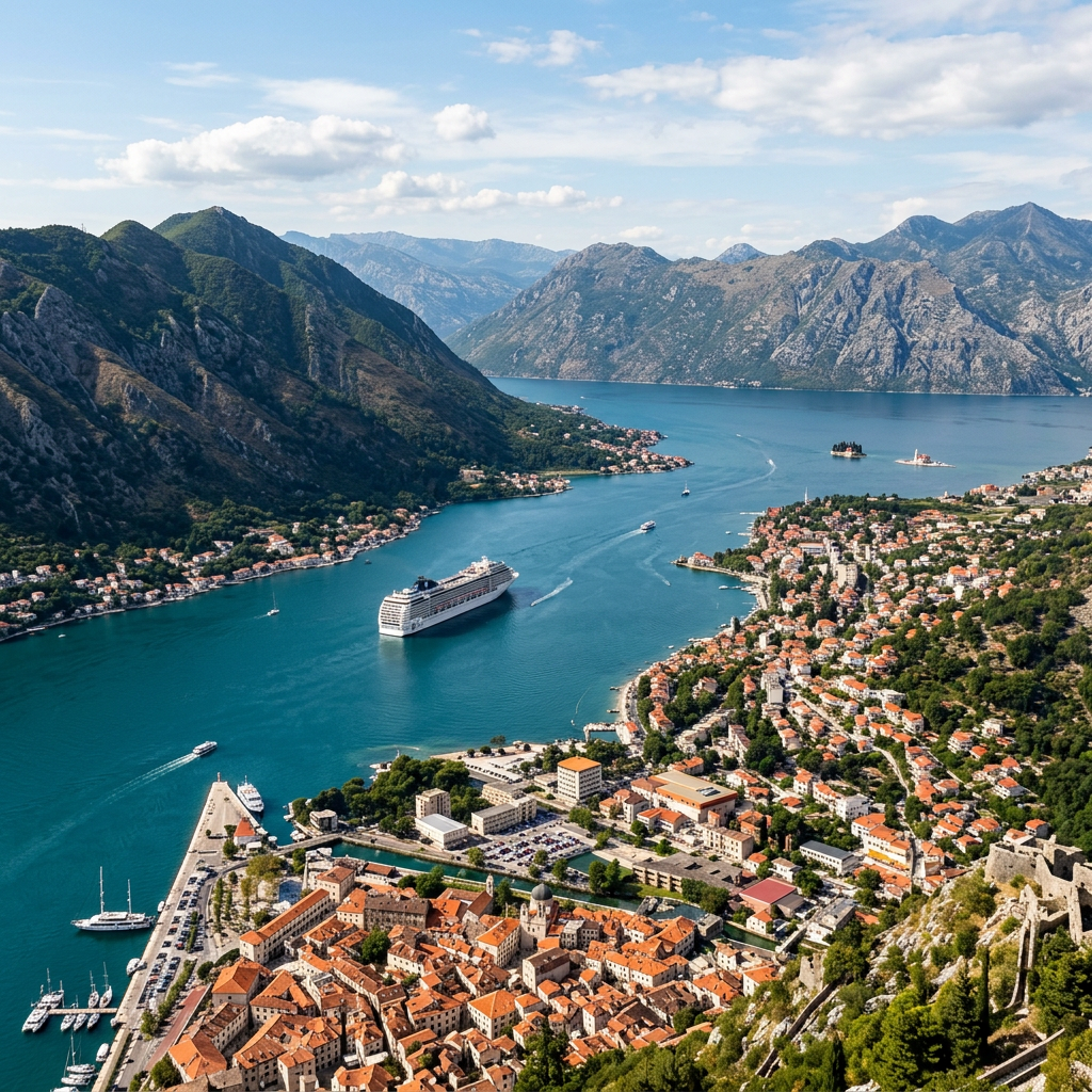Aerial view of Kotor Bay, coastal towns, mountains, and boats