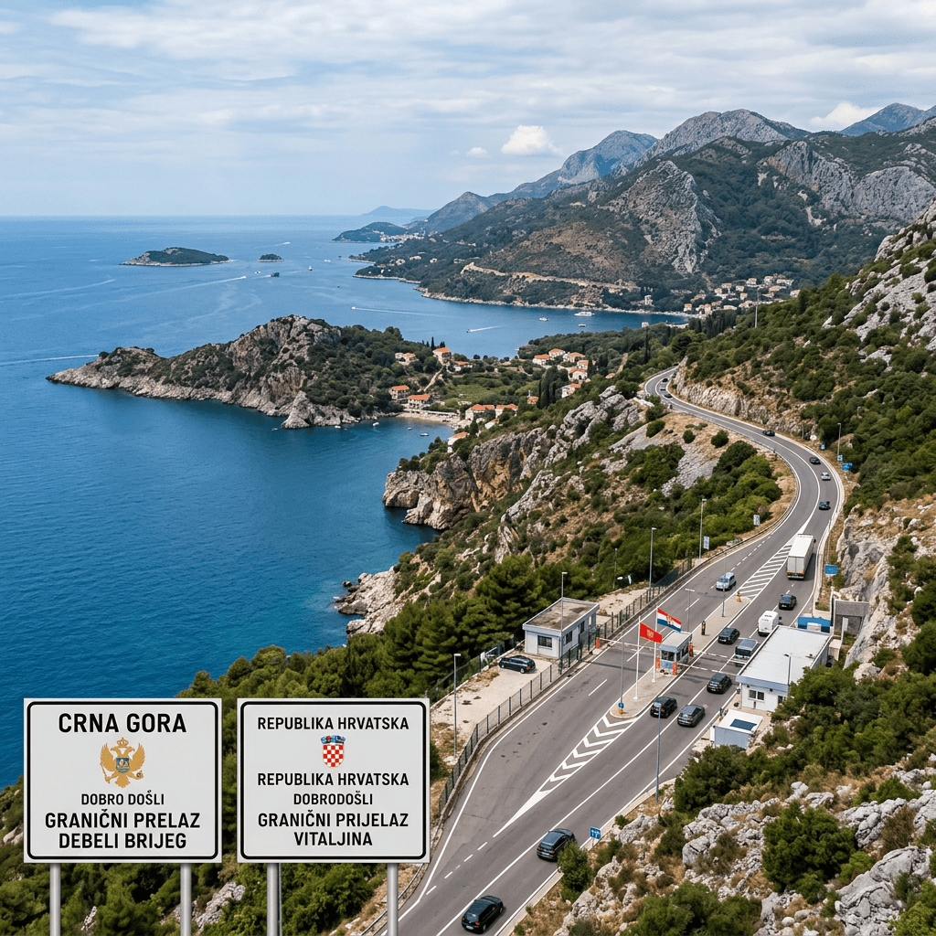 Coastal border crossing signs reading CRNA GORA, DOBRO DOŠLI, GRANIČNI PRELAZ DEBELI BRIJEG, and REPUBLIKA HRVATSKA, DOBRODOŠLI, GRANIČNI PRIJELAZ VITALJINA