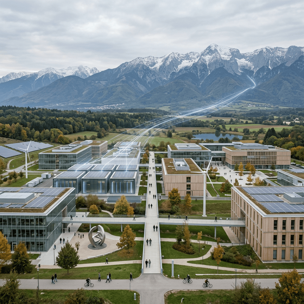 Sustainable campus with solar panels, wind turbines, and snow-capped mountains