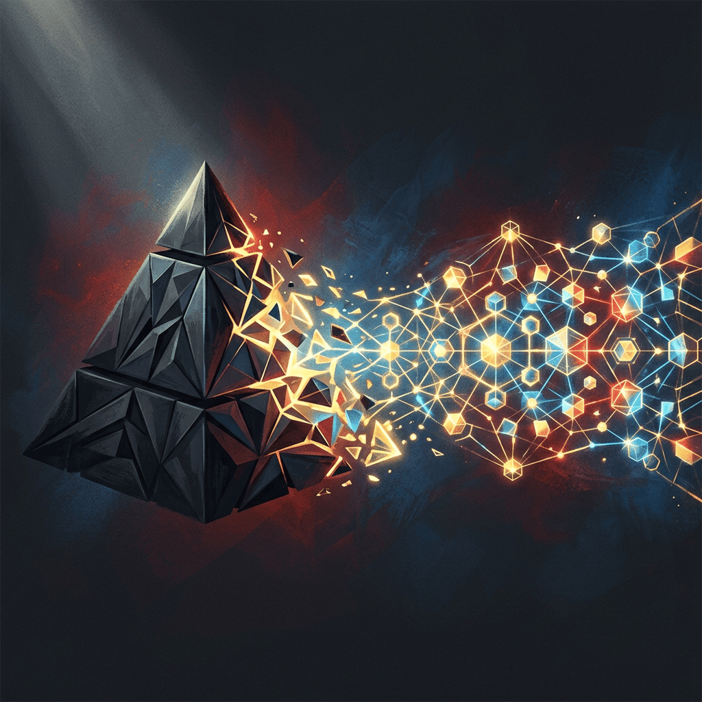Dark geometric pyramid dissolving into a glowing network of connected shapes