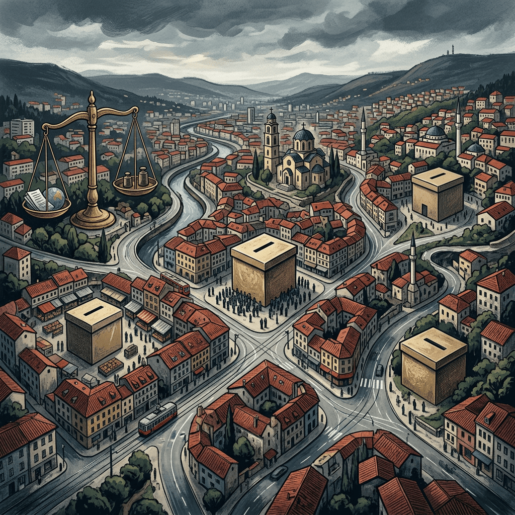 Stylized mountain city with churches, mosques, scales, and cube structures